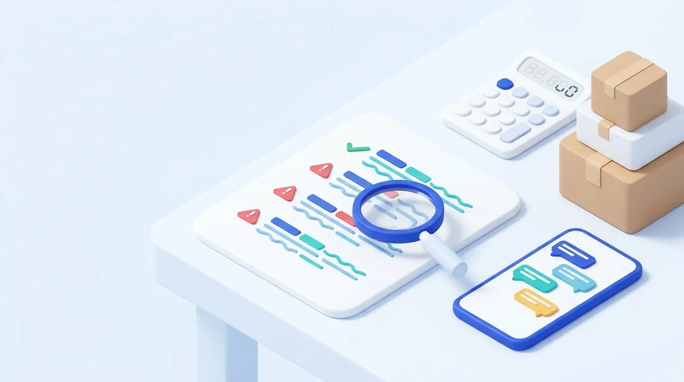 Bazı satırları uyarı işaretli bir teklif belgesi, üzerinde büyüteç, yanında hesap makinesi, koliler ve mesaj balonlu bir telefon